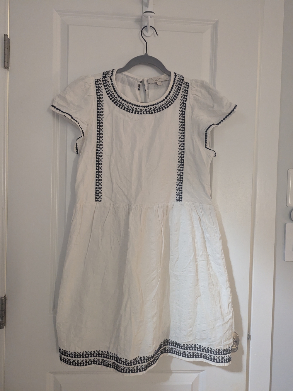 LOFT White Petite Mini Summer Dress with Black Embroidered Trim
